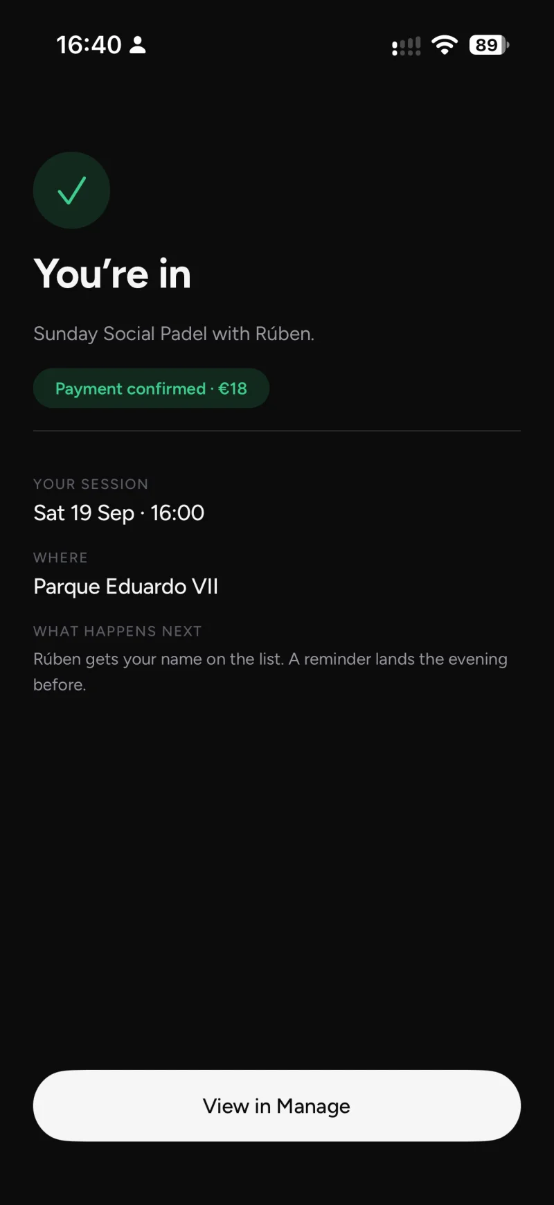 Confirmation screen: you're in