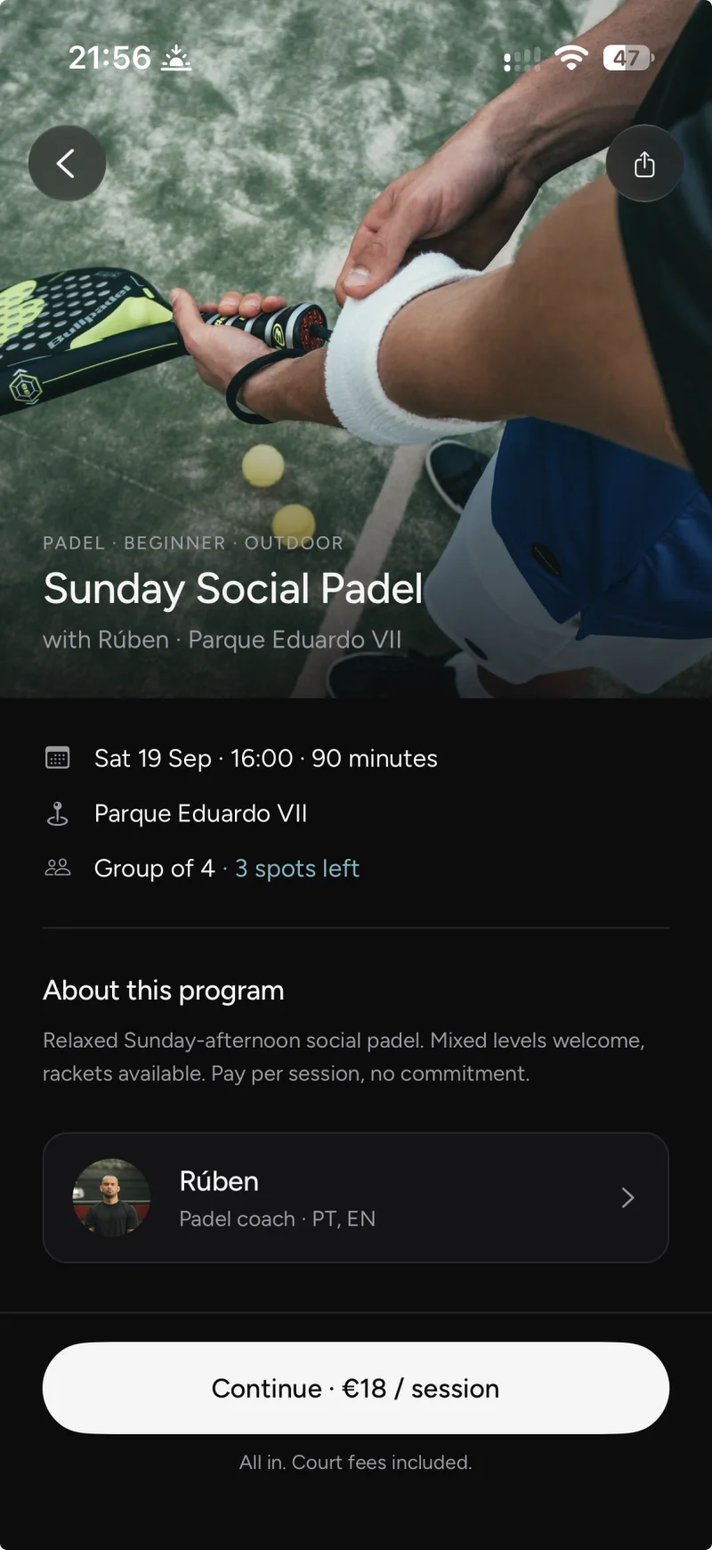 Program screen: Sunday Social Padel