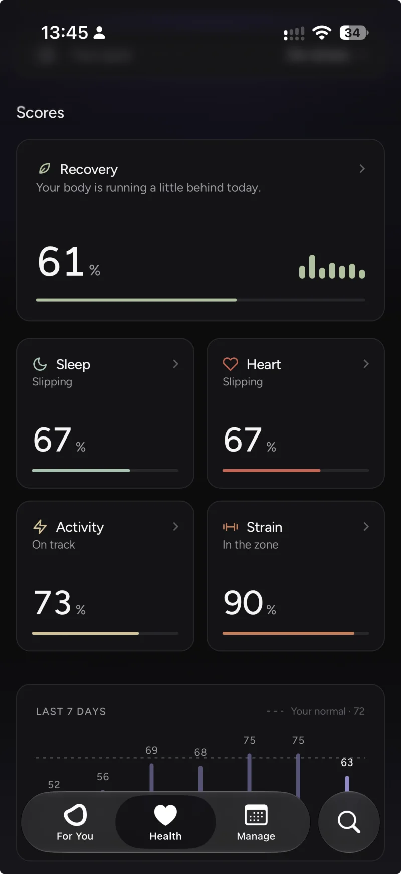 Scores screen: recovery, sleep, heart, activity and strain