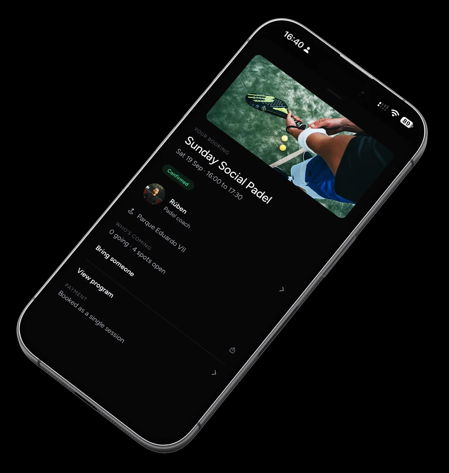A booking in the app: Sunday Social Padel, confirmed